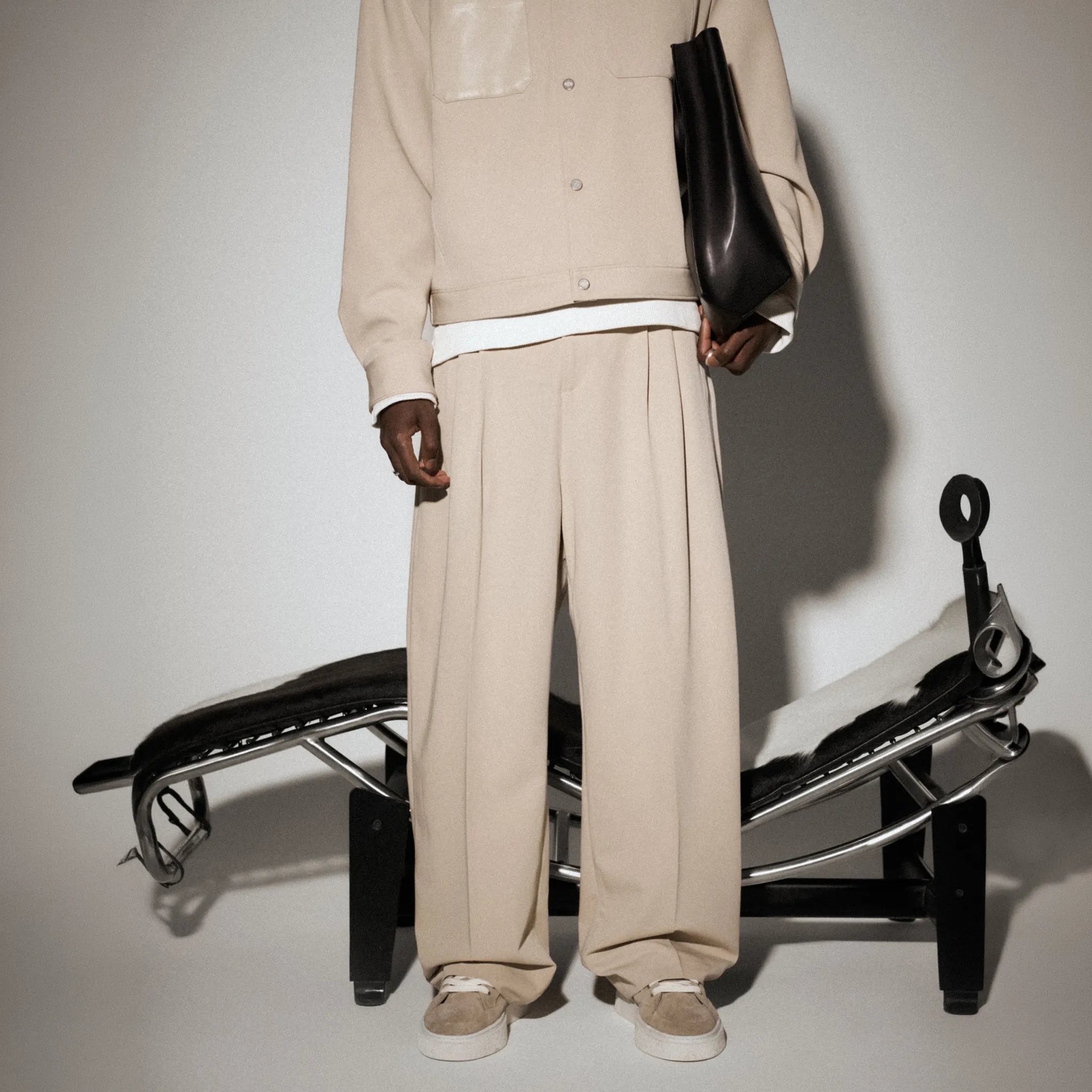 Model View of The Couture Barrel Leg Tailored Stone Trousers